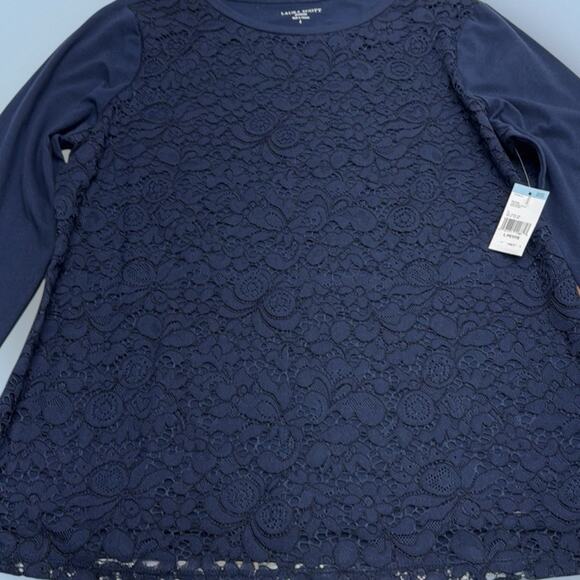 LAURA SCOTT Women’s Petite Large Blue Lace Long Sleeve Top - Picture 3 of 6